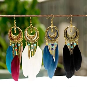 Gold Crescent Hoop Dreamcatcher Feather Earrings